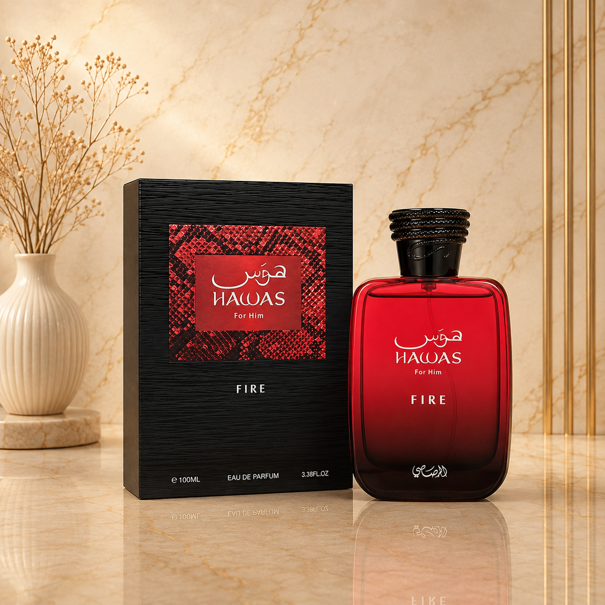 Hawas Fire de Rasasi con caja, fondo mármol beige