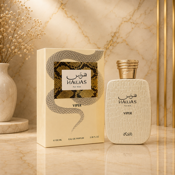 Hawas Viper de Rasasi con caja, fondo mármol beige