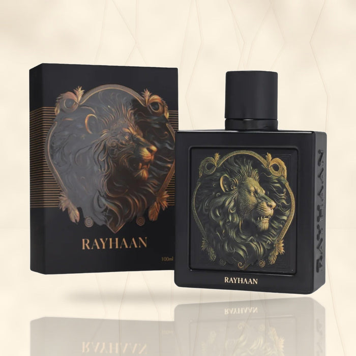 Rayhaan Lion 100ml EDP sobre fondo mármol beige - Imperio Árabe
